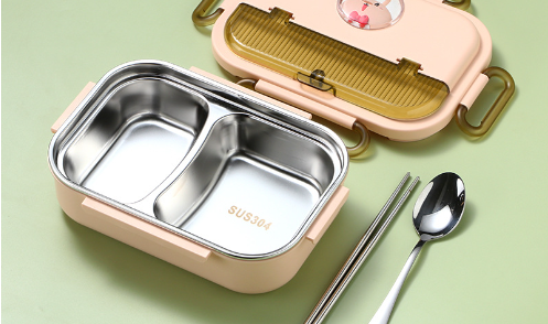 Microwaveable stainless steel compartmentalized insulated lunch box with cutlery