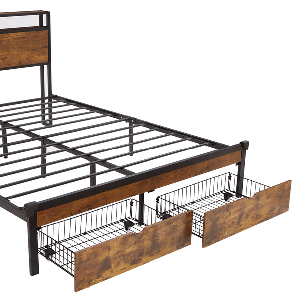 Large metal bed frame with wooden headboard and USB foot pedal, charging station, 2 drawers, LED lights, no need for box spring