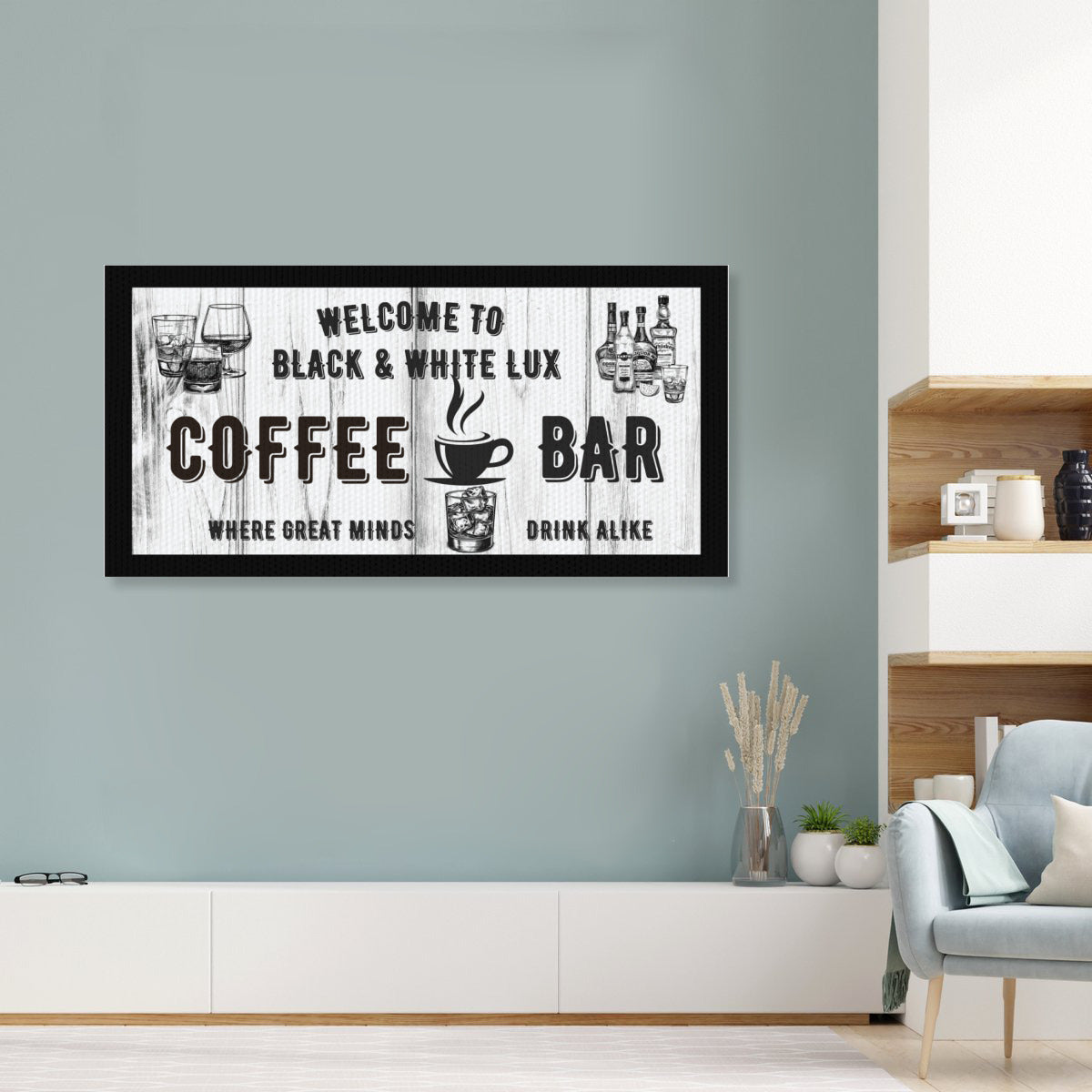 Personalized Coffee Bar Wall Art – Custom Name Black & White Canvas Sign for Kitchen or Home Café Decor