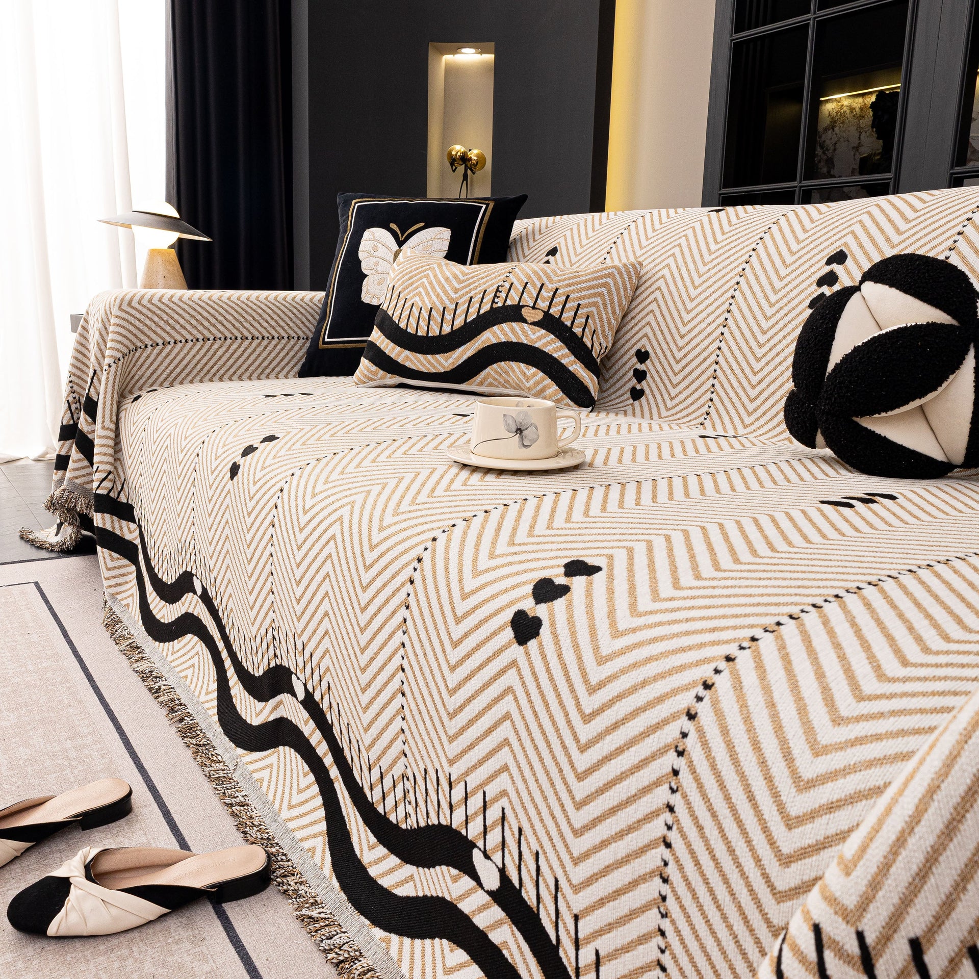 Chenille Sofa Throw Cover, Textured Chevron Decorative Couch Blanket for Living Room