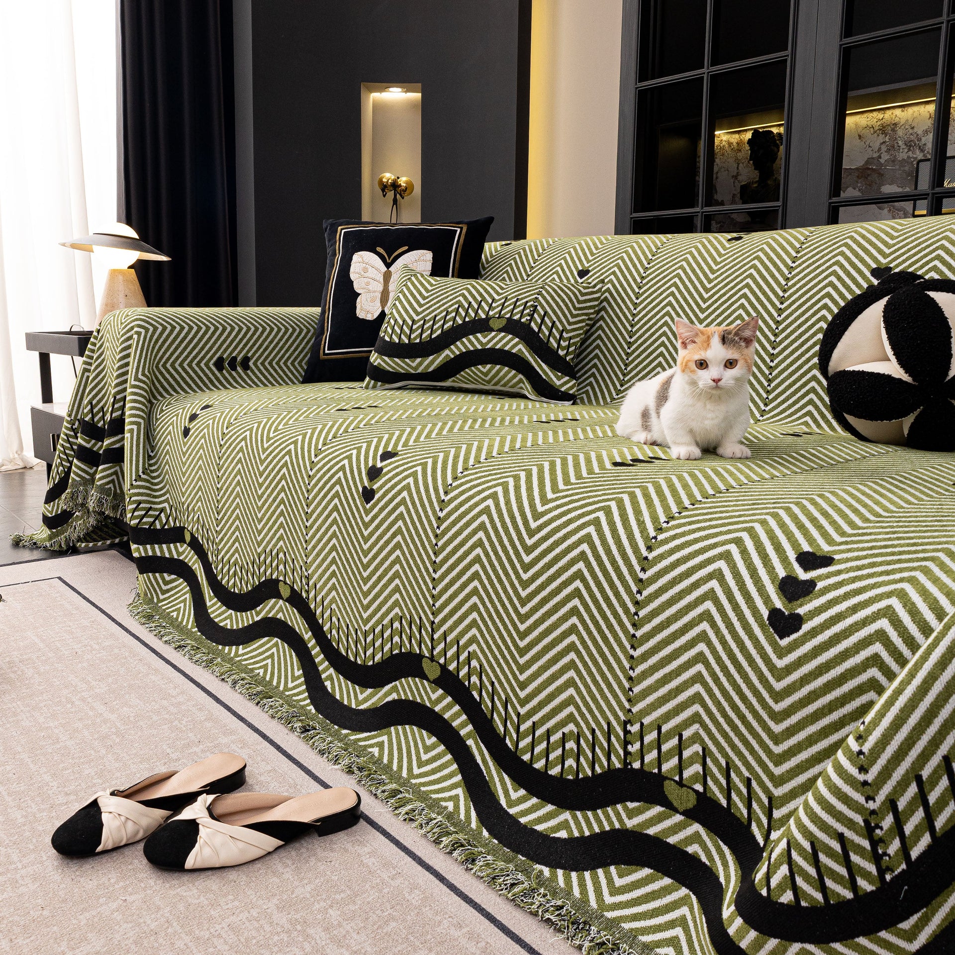 Chenille Sofa Throw Cover, Textured Chevron Decorative Couch Blanket for Living Room