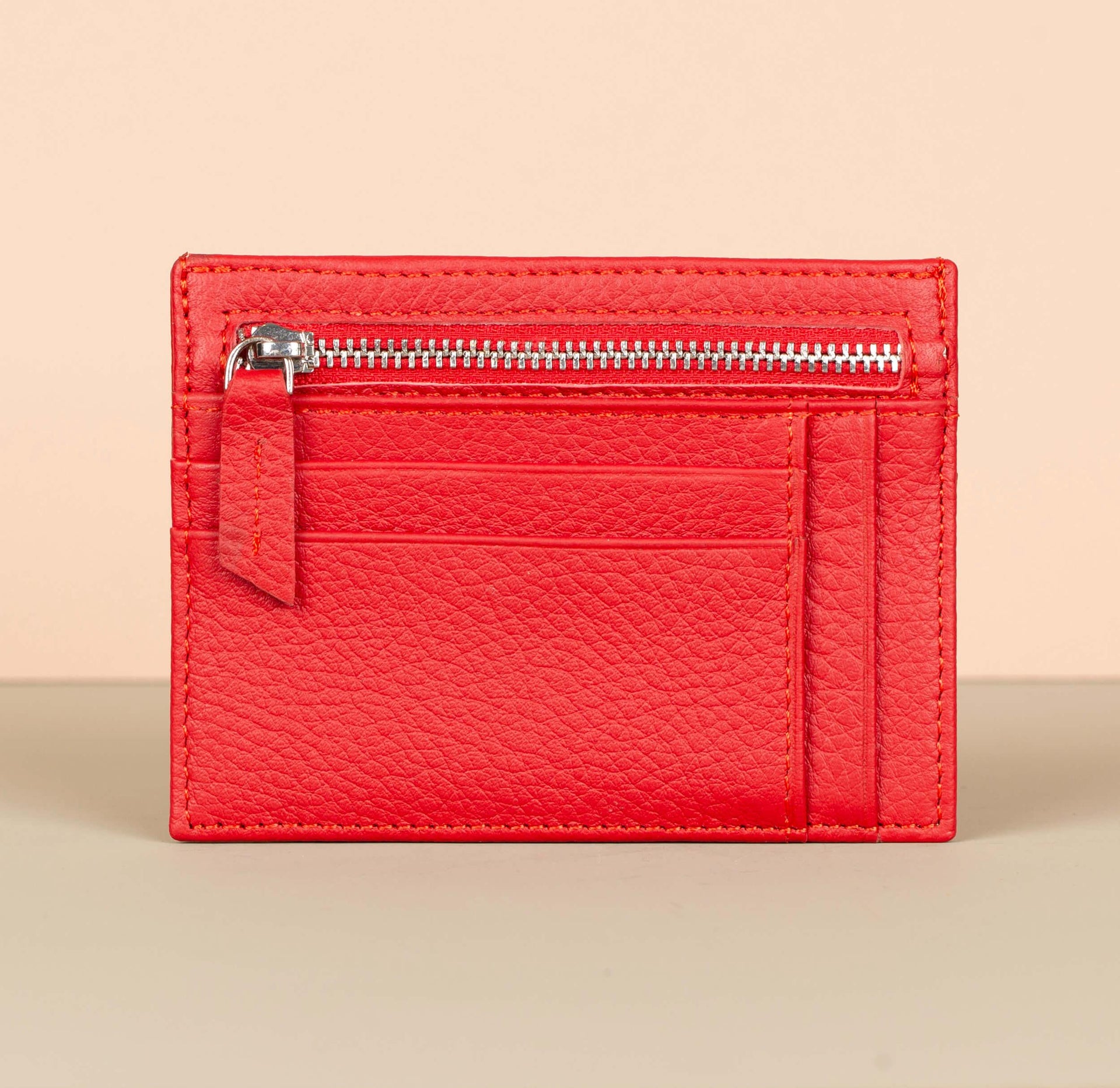 Vibrant Leather Card Holder with Zipper Pocket - Red - Concord