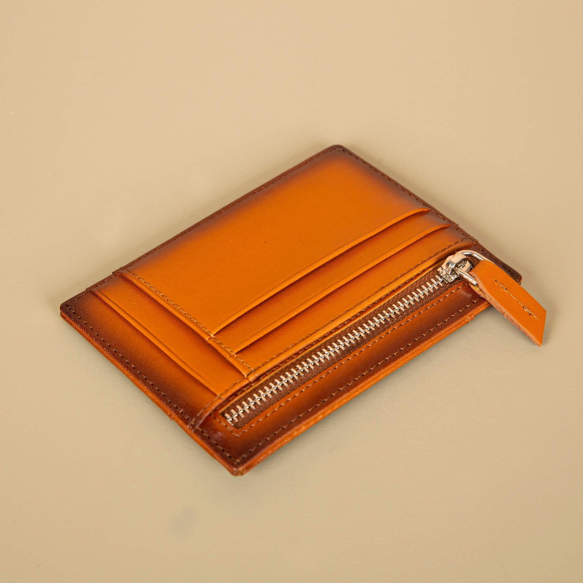Vibrant Leather Card Holder with Zipper Pocket - Caramel Brown - Concord