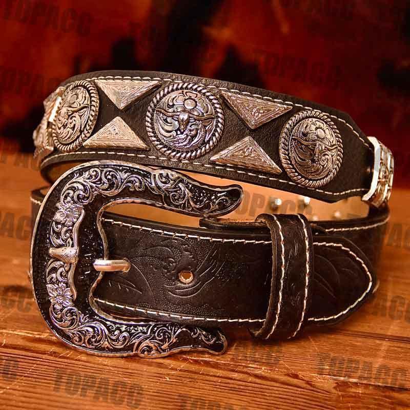 TOPACC Western Super Concho Longhorn Cow Bull Black Country Belts Genuine Leather - Gifts for You 'n Me