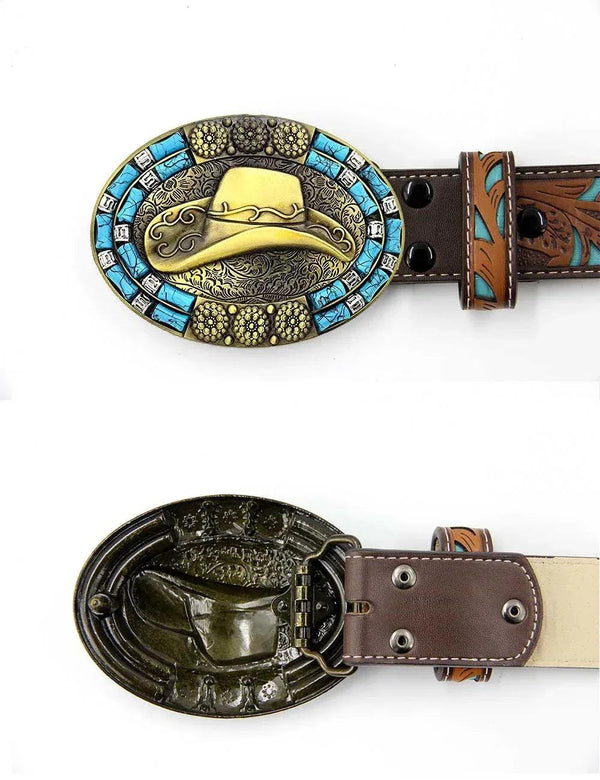 TOPACC Western Turquoise Belts - Cowboy Hat Belt Buckle Copper/Bronze - Gifts for You 'n Me