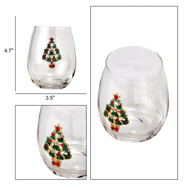 Stemless Christmas Tree Wine Glasses - Set of 2 - Christmas Cheer for Holiday Gift and Winter Season - 18 oz Stemless Decorated Tree Ornament Wine Tumblers for Holiday Season and Winter 4.7