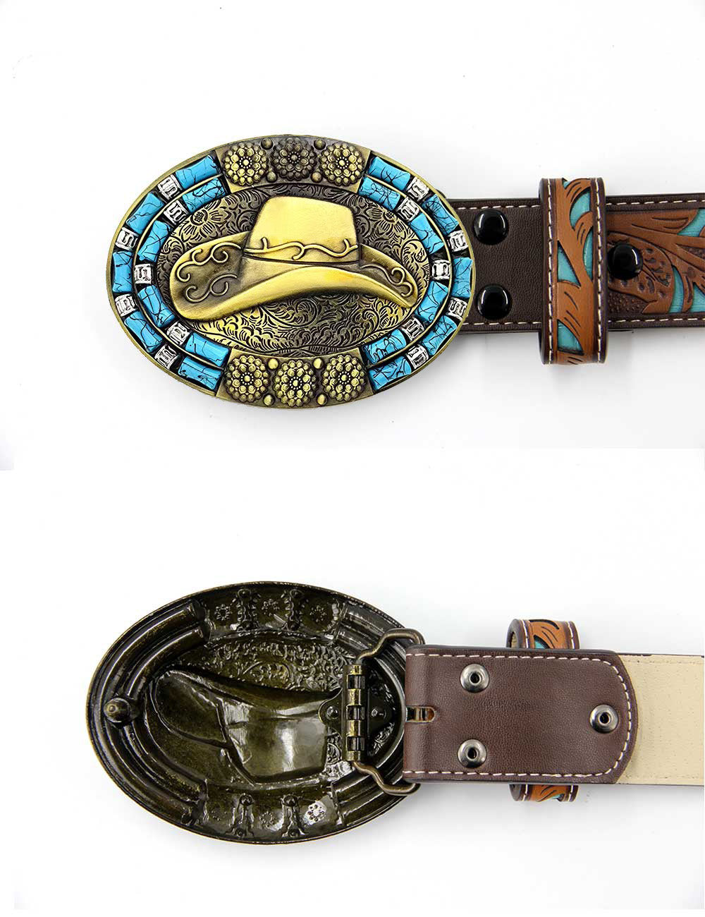 TOPACC Western Turquoise Oval Cowboy Hat Belt Buckle Copper/Bronze