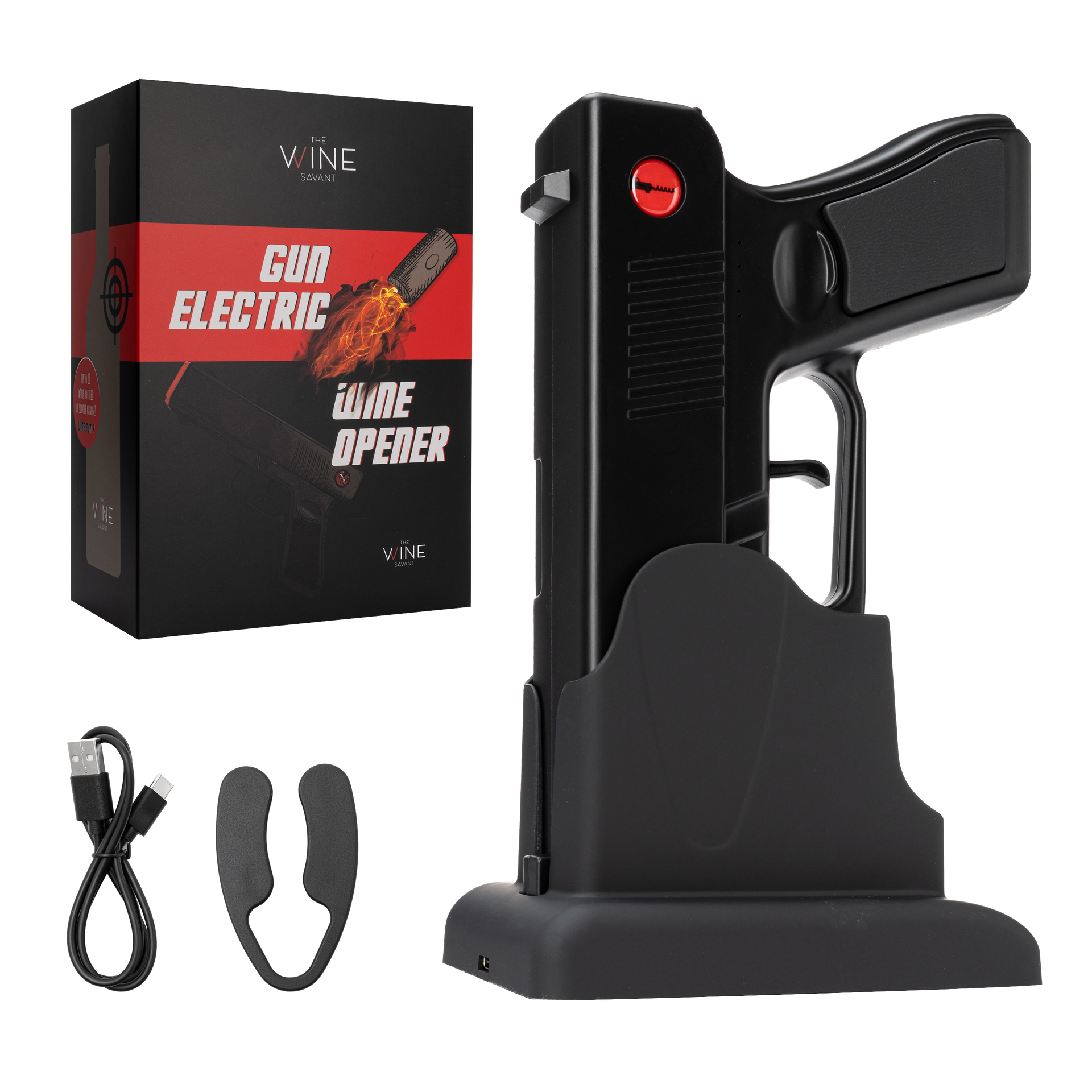 Electric Gun Wine Corkscrew Bottle Opener - Rechargeable Holster Base Cordless Battery - Automatically Open Wines - Multifunctional Electronic Cork Puller - Guns Enthusiasts Gift & Vino Lovers (Black)