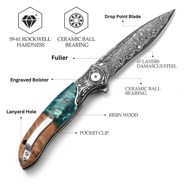 Raven VG10 Damascus Pocket Knife with Olive Burl Wood & Resin Handle - Gifts for You 'n Me