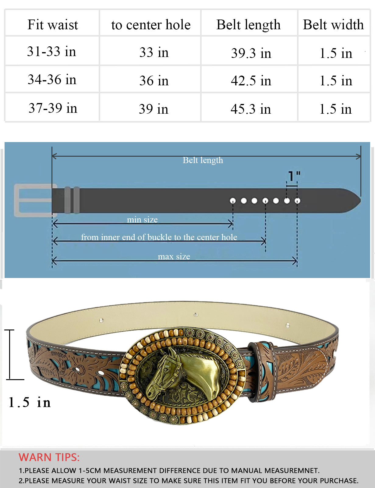 TOPACC Western Turquoise Belts - Oval Wood Beads Horse Belt Buckle