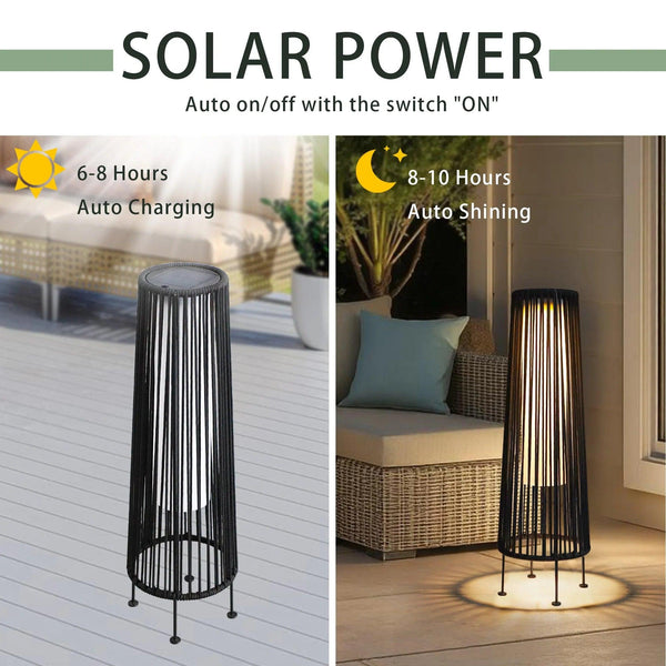2 Piece Solar Powered Lantern Wicker Solar Patio Lamp Black