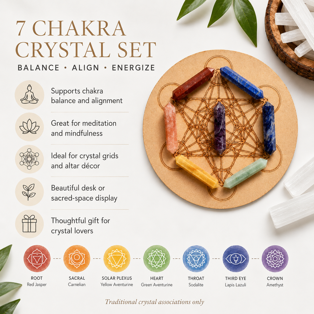 Chakra Crystals Points Set, 7 Chakra Stones Point Set with Wooden Grid Plate, Selenite Log