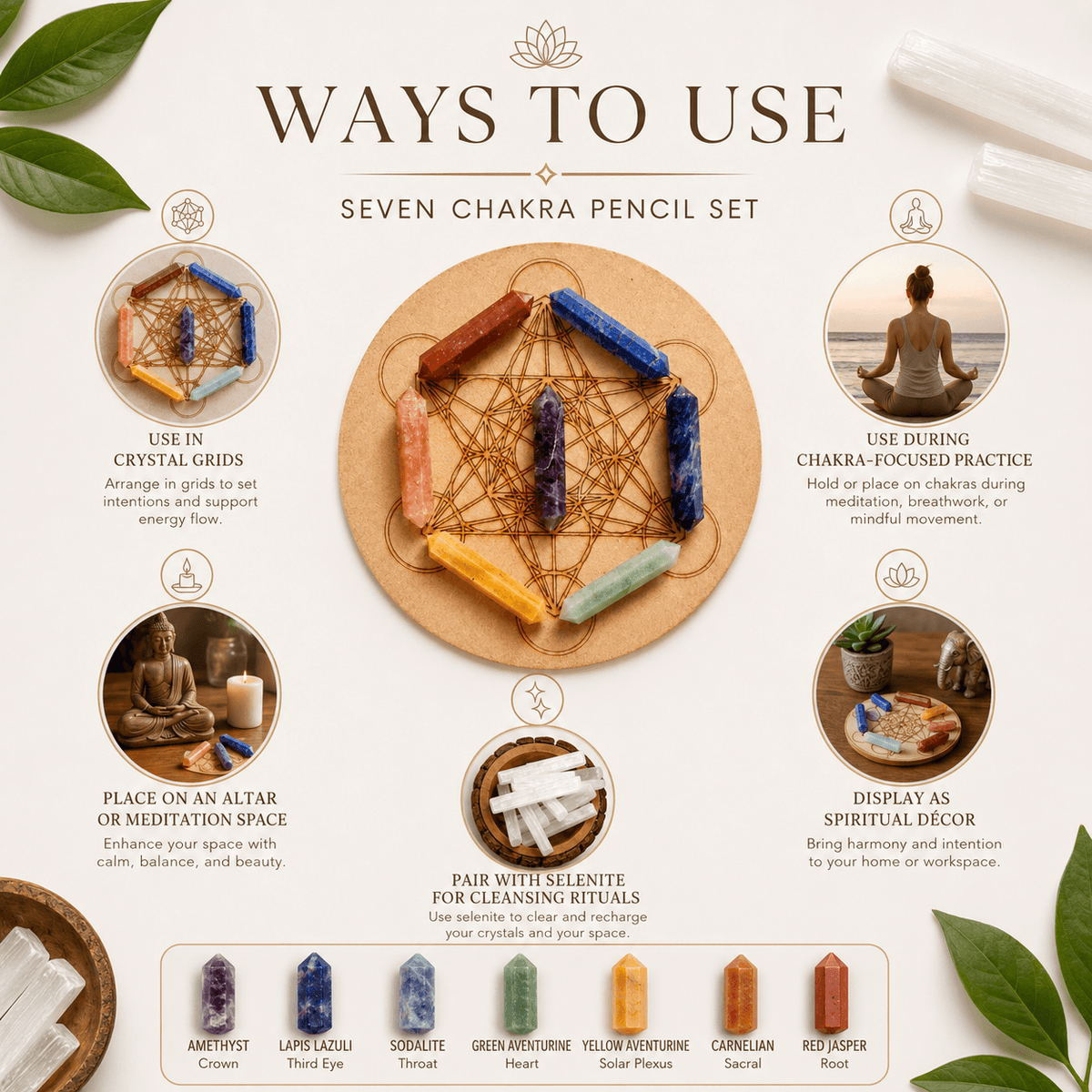 Chakra Crystals Points Set, 7 Chakra Stones Point Set with Wooden Grid Plate, Selenite Log
