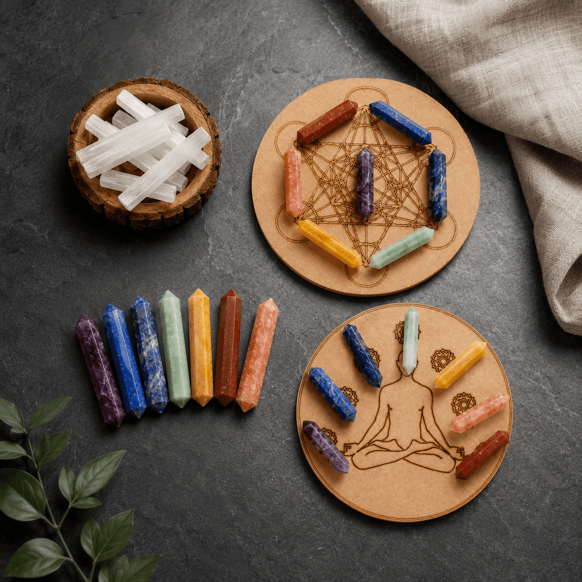 Chakra Crystals Points Set, 7 Chakra Stones Point Set with Wooden Grid Plate, Selenite Log