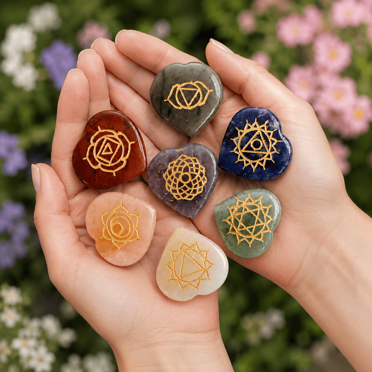 Chakra Crystals Set, Heart Shaped Reiki 7 Chakra Stones Set, Wooden Grid Plate, Selenite Log