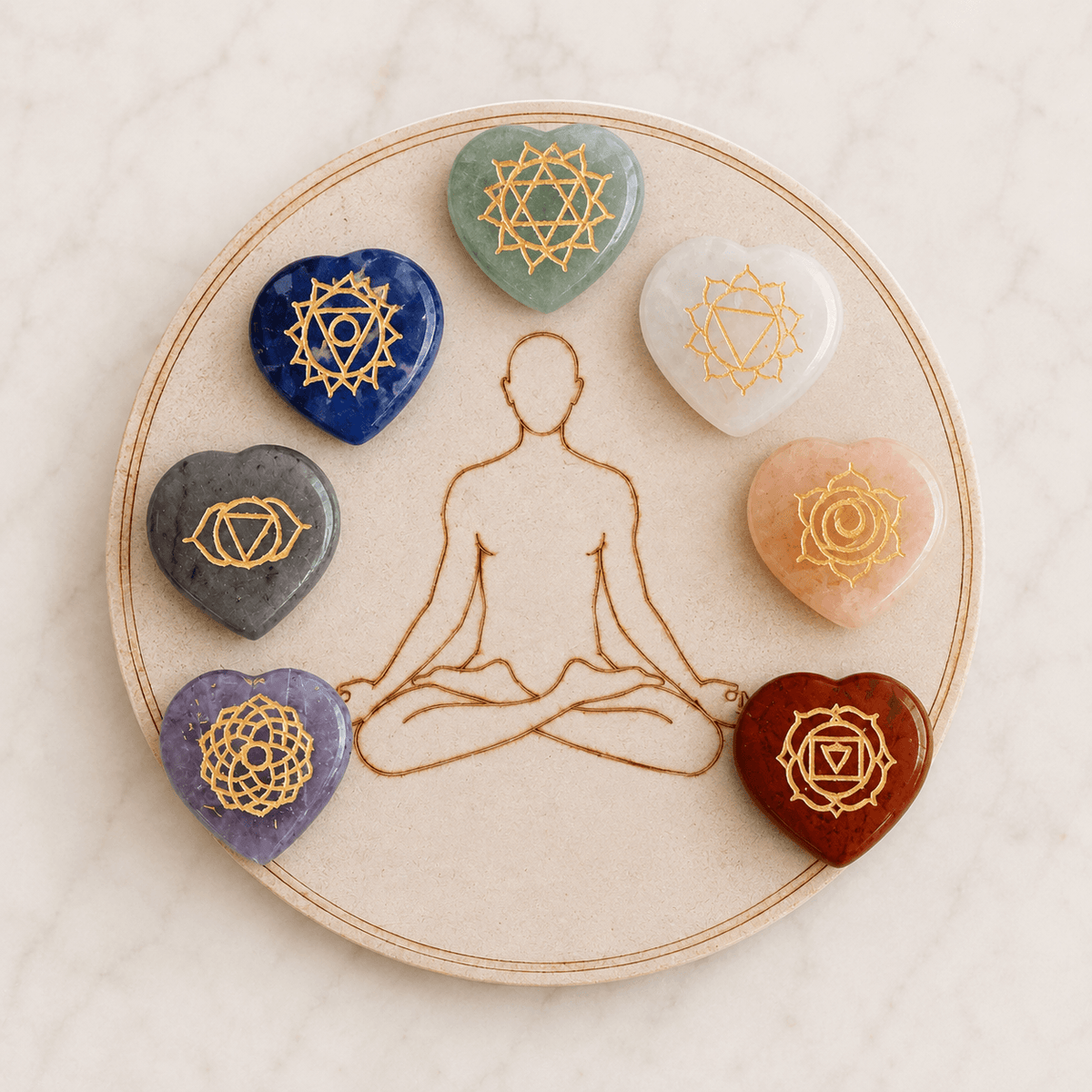 Chakra Crystals Set, Heart Shaped Reiki 7 Chakra Stones Set, Wooden Grid Plate, Selenite Log