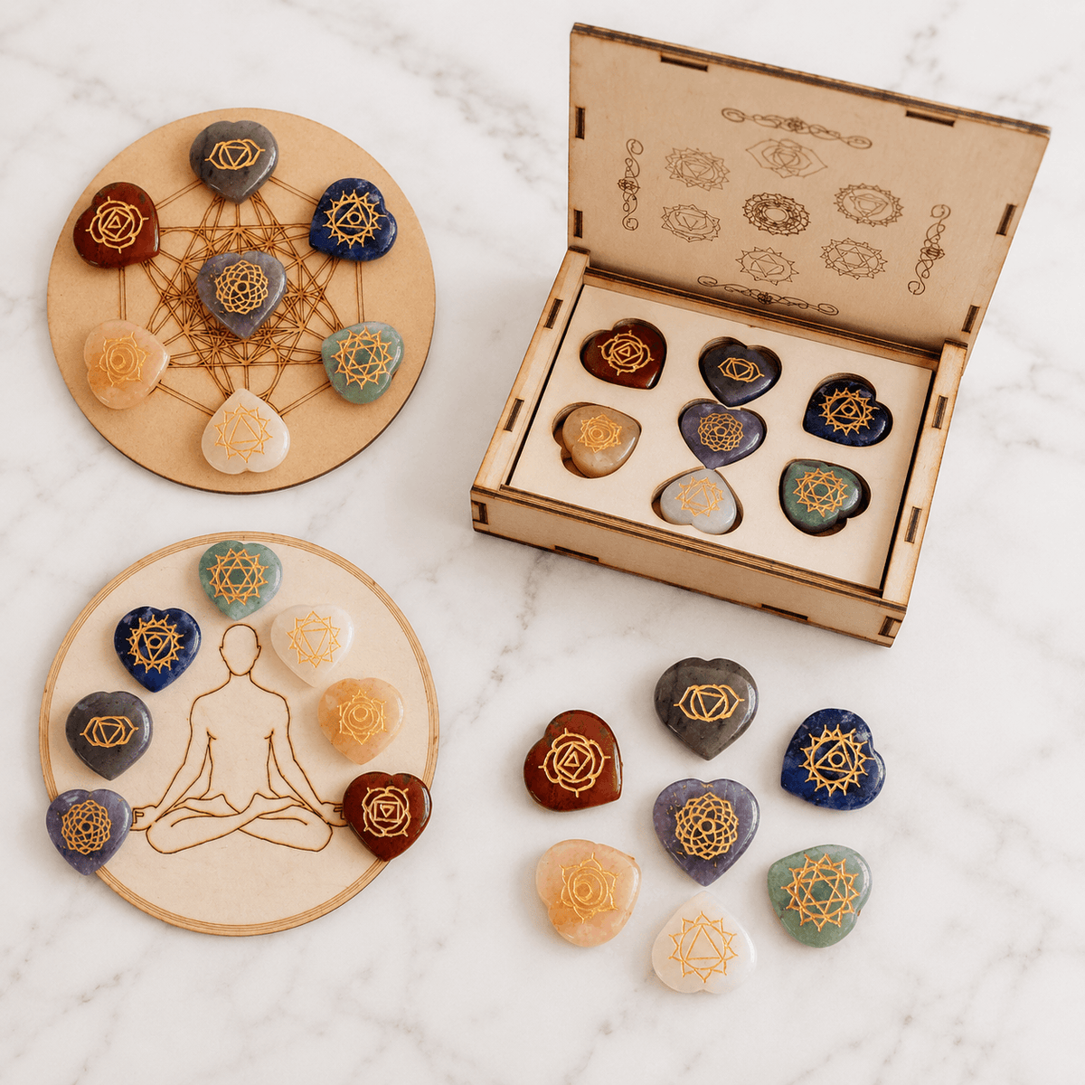 Chakra Crystals Set, Heart Shaped Reiki 7 Chakra Stones Set, Wooden Grid Plate, Selenite Log