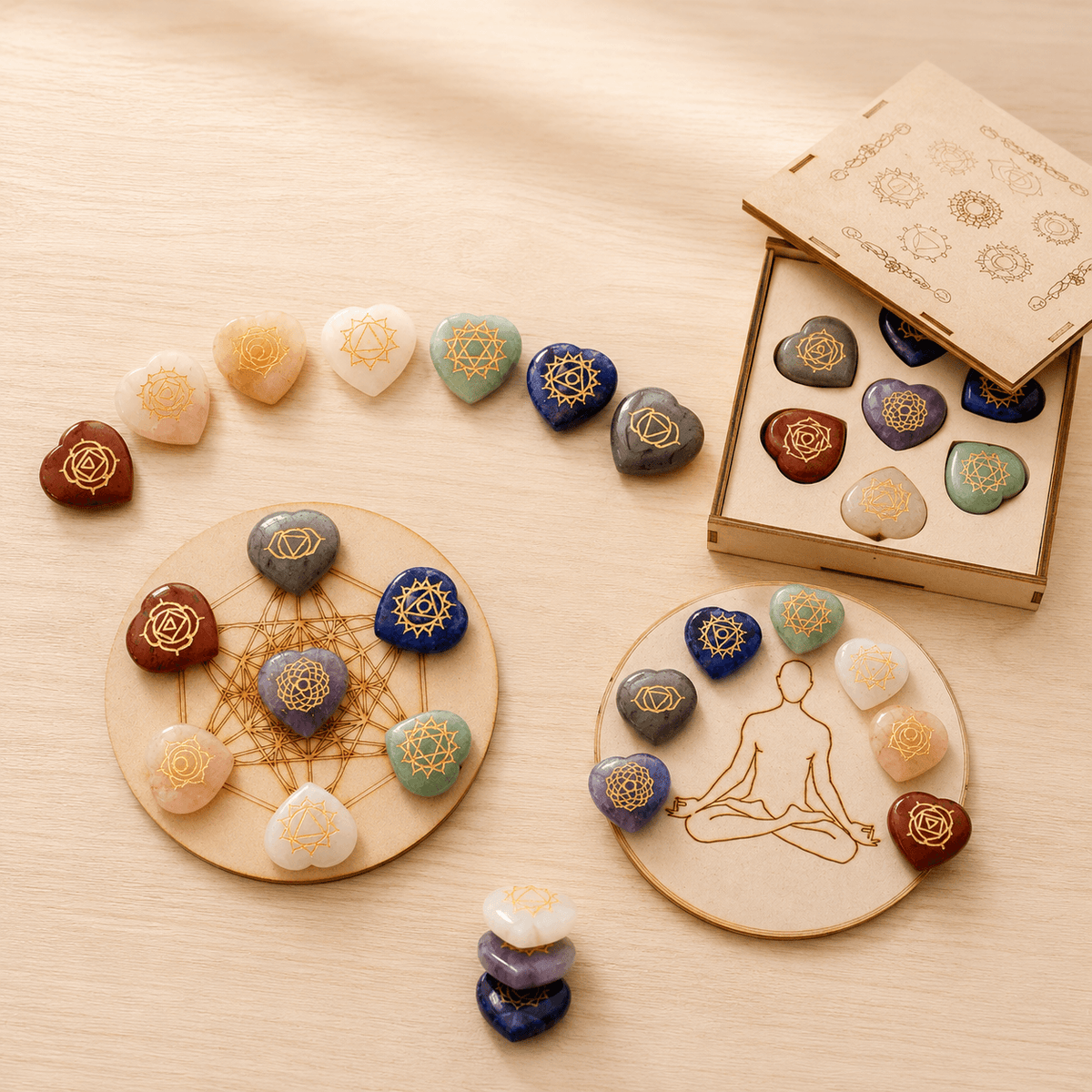 Chakra Crystals Set, Heart Shaped Reiki 7 Chakra Stones Set, Wooden Grid Plate, Selenite Log