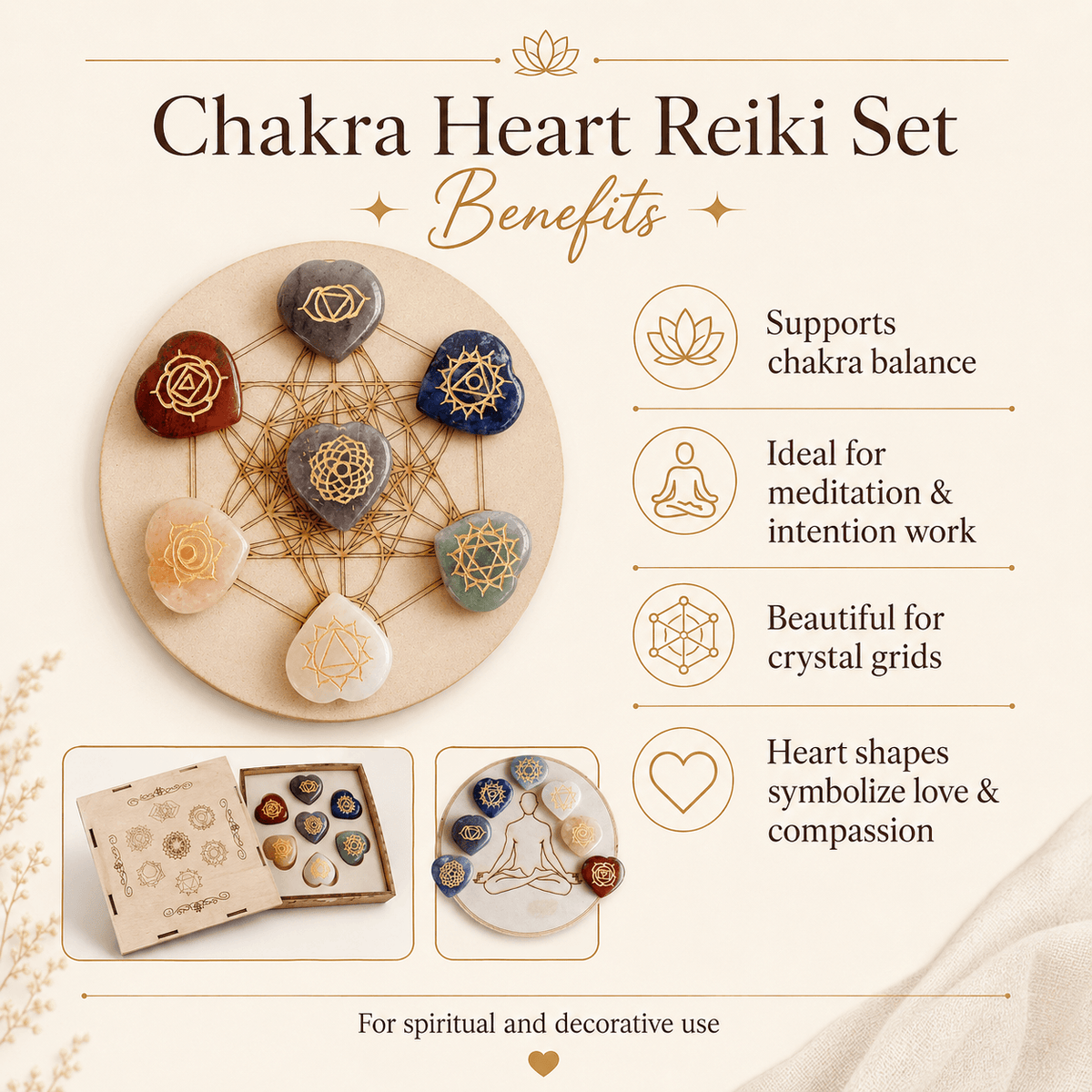 Chakra Crystals Set, Heart Shaped Reiki 7 Chakra Stones Set, Wooden Grid Plate, Selenite Log
