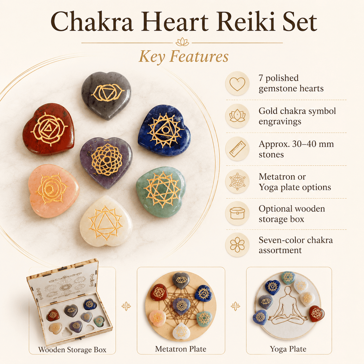 Chakra Crystals Set, Heart Shaped Reiki 7 Chakra Stones Set, Wooden Grid Plate, Selenite Log