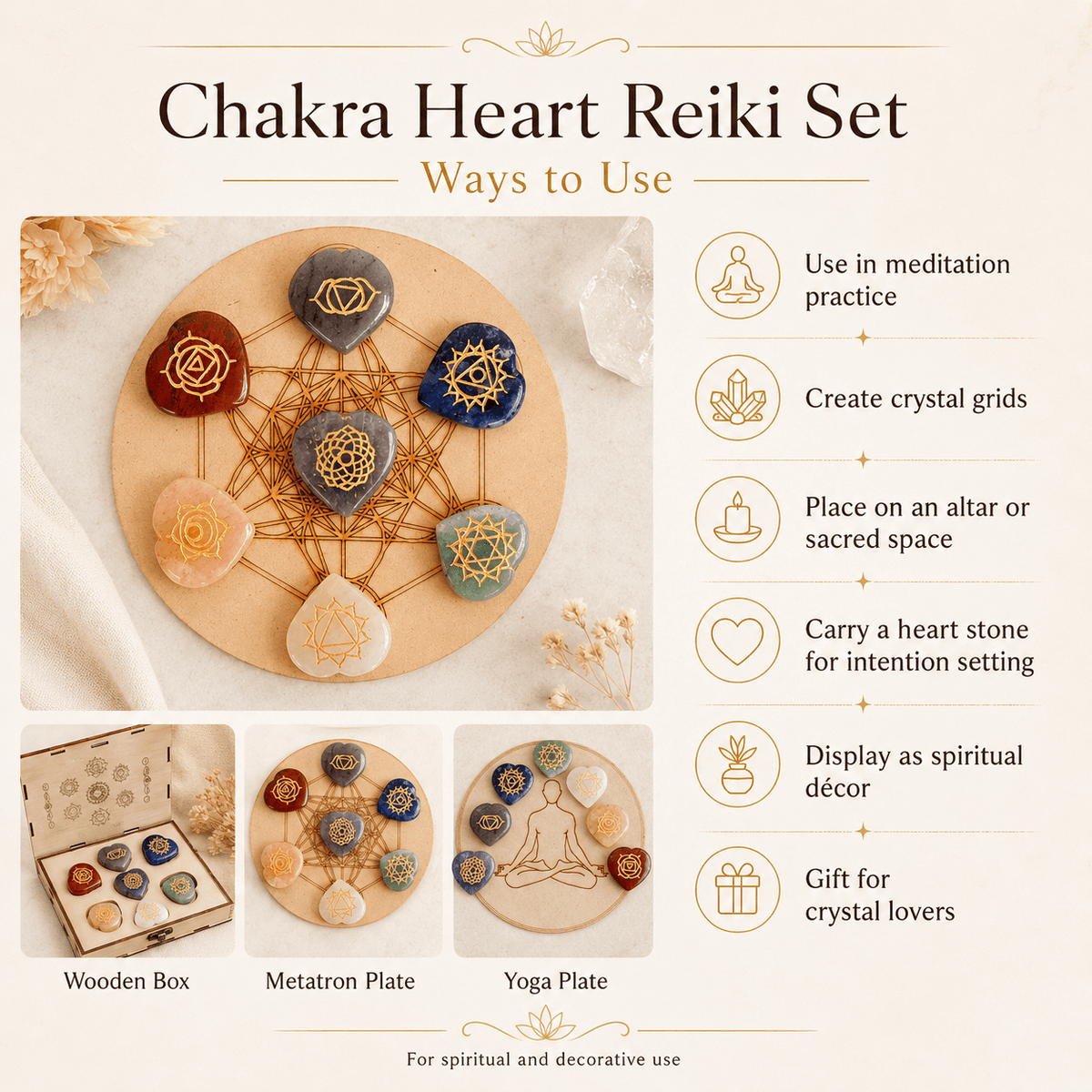 Chakra Crystals Set, Heart Shaped Reiki 7 Chakra Stones Set, Wooden Grid Plate, Selenite Log