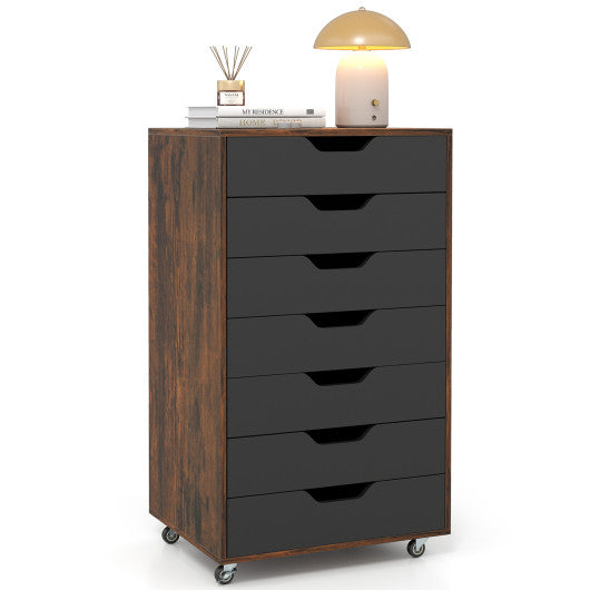 7-Drawer Chest Wooden Storage Dresser with Lockable Wheels-Rustic Brown