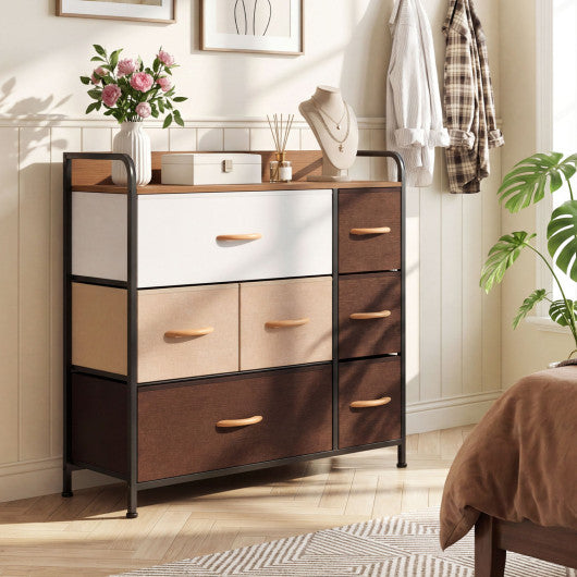 7 Drawer Tower Steel Frame and Wooden Top Dresser Storage Chest for Bedroom