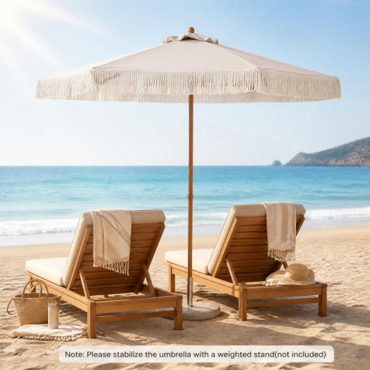 7 Feet Patio Umbrella with Fringe Sun-Protective Beach Umbrella with Boho Tassel-Beige