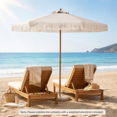 7 Feet Patio Umbrella with Fringe Sun-Protective Beach Umbrella with Boho Tassel-Beige