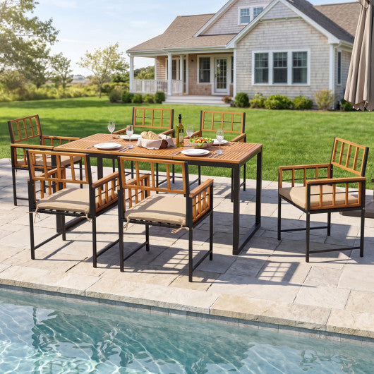 7-Piece Outdoor Dining Set with Acacia Wood Table & Chairs and Umbrella Hole-Natural & Black