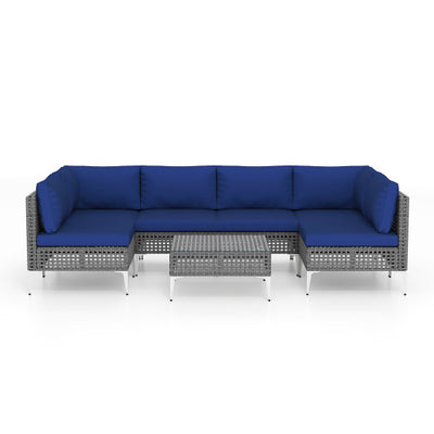 7 Piece Outdoor Furniture Set Wicker Chairs with Tempered Glass Coffee Table-Navy