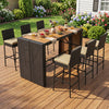 7-Piece Outdoor PE Wicker Bar Set with Bar Height Table and 6 Cushioned Stools for Yard-Brown