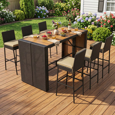 7-Piece Outdoor PE Wicker Bar Set with Bar Height Table and 6 Cushioned Stools for Yard-Brown