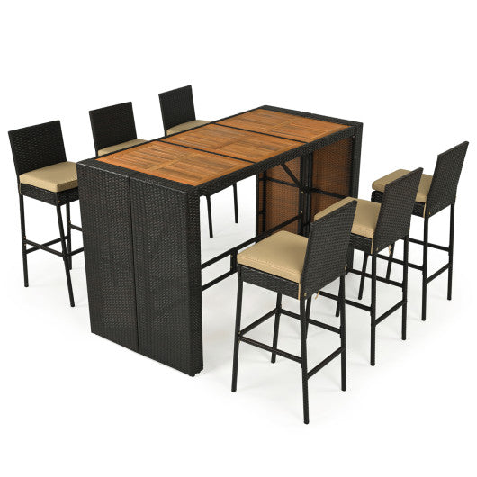 7-Piece Outdoor PE Wicker Bar Set with Bar Height Table and 6 Cushioned Stools for Yard-Brown