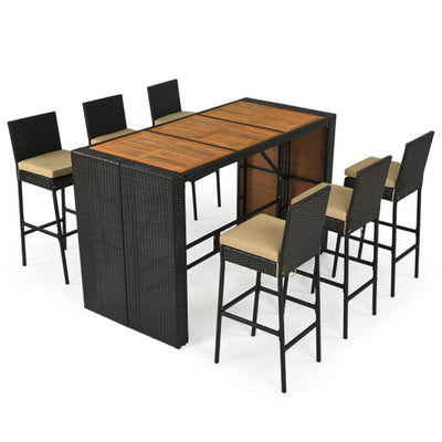 7-Piece Outdoor PE Wicker Bar Set with Bar Height Table and 6 Cushioned Stools for Yard-Brown