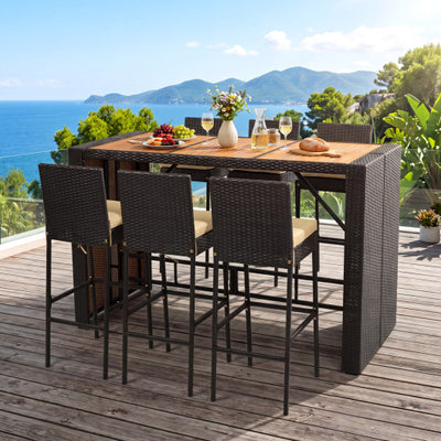 7-Piece Outdoor PE Wicker Bar Set with Bar Height Table and 6 Cushioned Stools for Yard-Brown