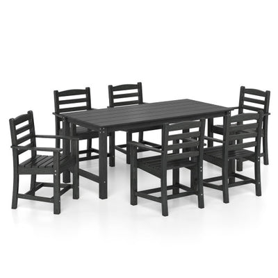 7 Pieces Outdoor Dining Table Set for 6 People 67 Inch HDPE Patio Rectangle Table and 6 Armchairs-Black
