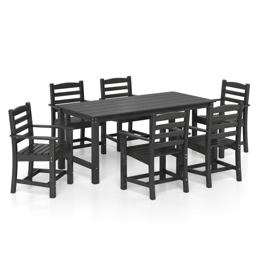 7 Pieces Outdoor Dining Table Set for 6 People 67 Inch HDPE Patio Rectangle Table and 6 Armchairs-Black