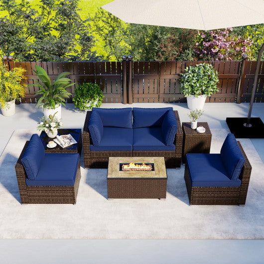 7 Pieces Outdoor Furniture Set with 32 Inch Fire Pit Table and Propane Tank Cover-Navy