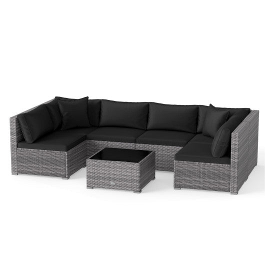 7 Pieces Patio Rattan Furniture Set with Sectional Sofa Cushioned-Black