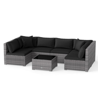 7 Pieces Patio Rattan Furniture Set with Sectional Sofa Cushioned-Black