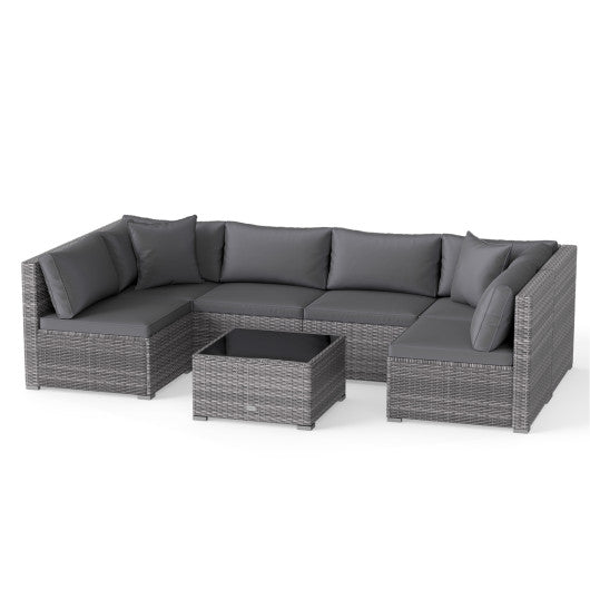 7 Pieces Patio Rattan Furniture Set Sectional Sofa Garden Cushion-Gray
