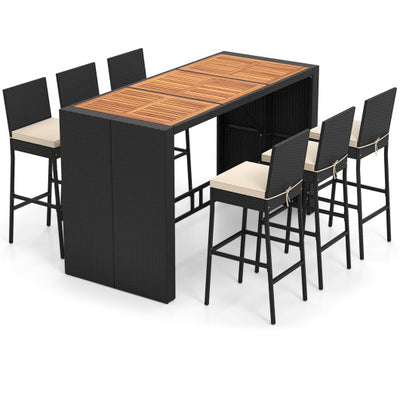 7 Pieces Patio Rattan Bar Set with Seat Cushions for Porch Yard Garden