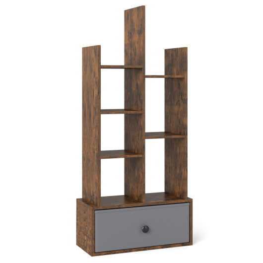 7-Tier Open-Back Bookshelf with Drawer-Rustic Brown
