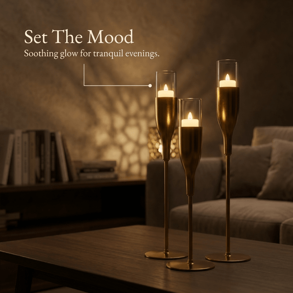 Gold Candle Holder - Wine Glass Flute Set of 3 Elegant Indoor Decor