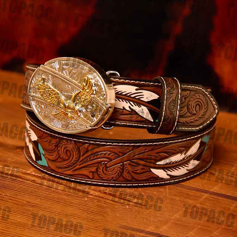 Waist 42-46 inch Western Leather Feather Belt - Block Buckle