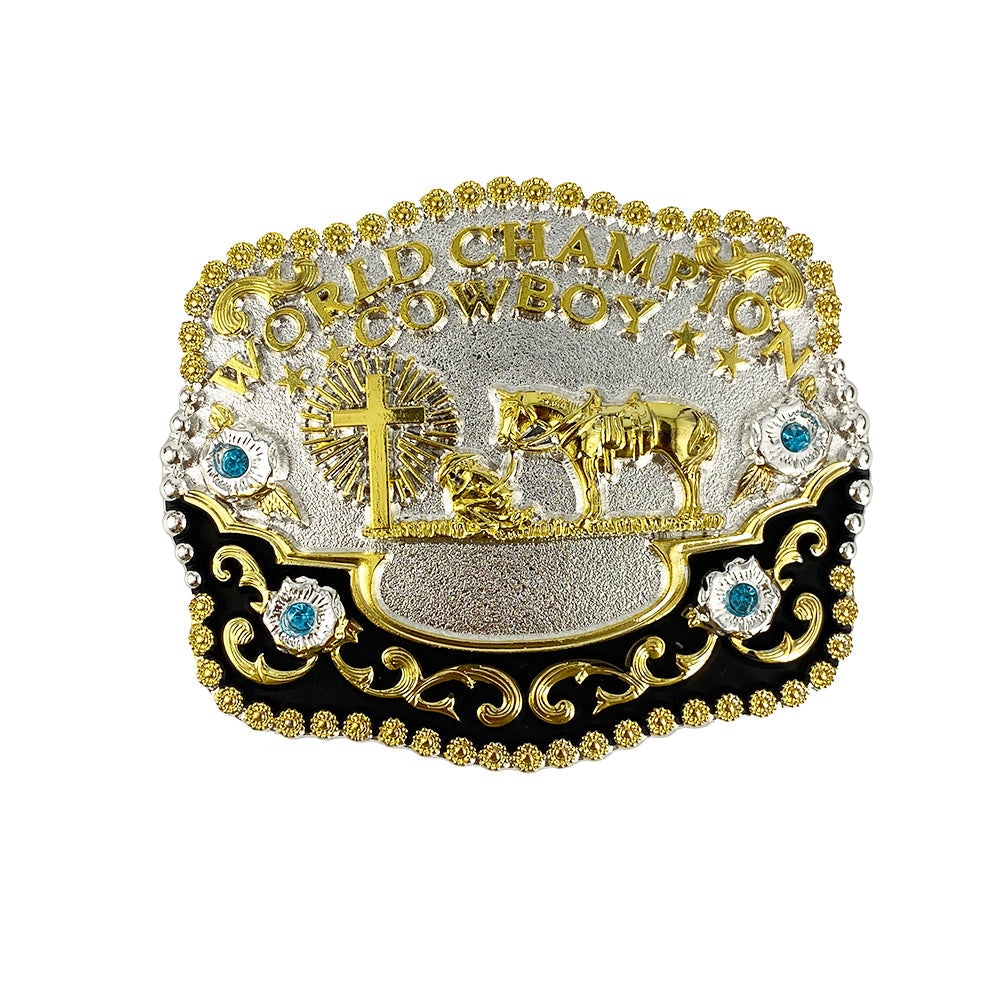 TOPACC 3D Rectangle Western Cowboy Horse Prayer Cross 'world champion cowboy'Belt Buckle