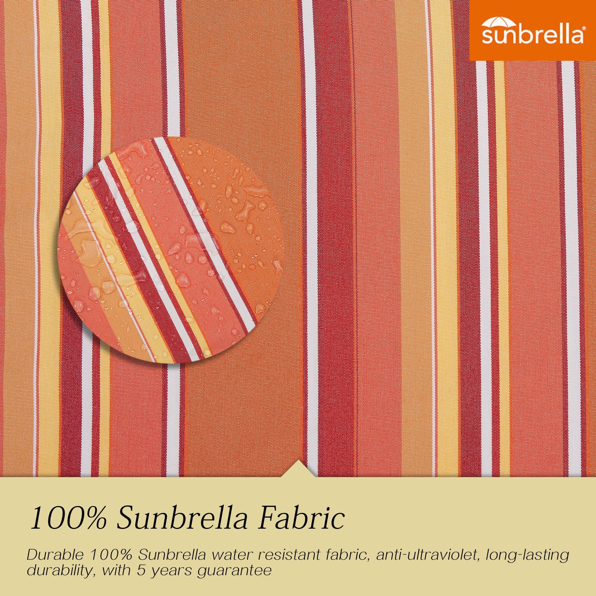PATIO TREE 9ft Stripe Round Market Umbrella, Crank Lift, Push Button Tilt, Brown Pole, Sunbrella® (Dolce Mango)