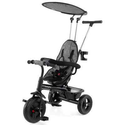 7-in-1 Baby Stroller Tricycle with Adjustable Canopy and Foldable Footrests for Ages 9-60 Months Old-Gray
