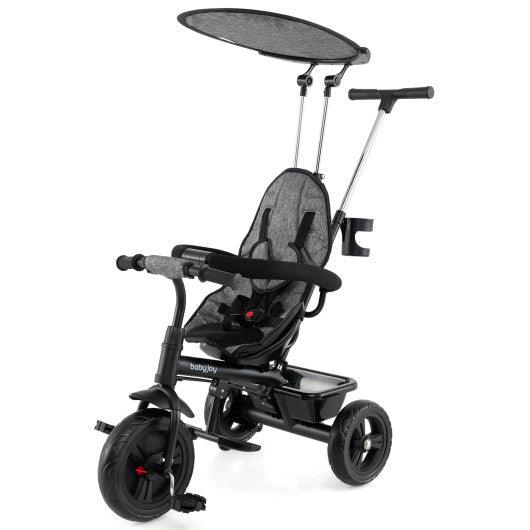 7-in-1 Baby Stroller Tricycle with Adjustable Canopy and Foldable Footrests for Ages 9-60 Months Old-Gray